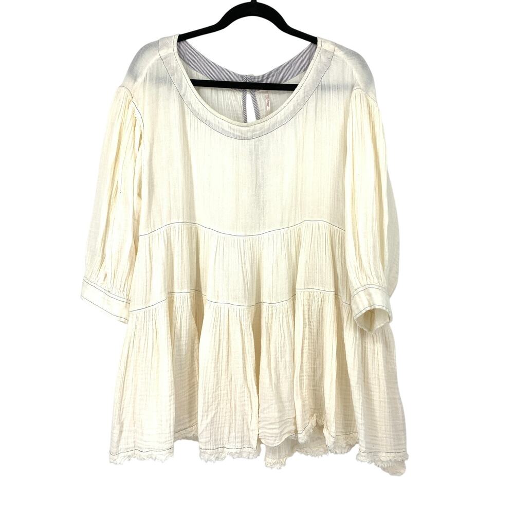 Free People Top Womens Large Cream Tiered Babydoll Crinkled Puff Sleeve Raw Hem